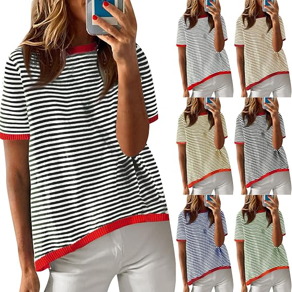 Summer Tops for Women Casual Crewneck Short Sleeve Shirts Striped Color Block Knitted T Shirt Trendy Going Out Tops
