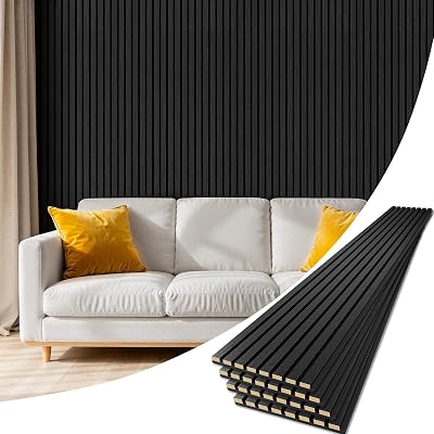 4 Pack Wood Panels for Wall, 94.4 x 12.8 Acoustic Wood Slat Wall Panel for Interior Decor & Noise Reduction, Soundproof Panel, Sound Absorbing 3D Textured Panels - Black