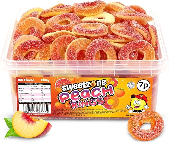 Sweetzone Fizzy Peach Rings 800g 100pcs | Fizzy sour peach ring gummies, Halal soft fruit chews, bulk tub 100pcs, party pick and mix for kids adults