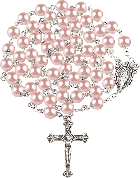 8mm Glass Pearl Beads Catholic Virgin Mary Rosary Necklace Women | Jesus Crucifix Cross Pendant, with Flannel Bag
