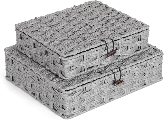 2-Pack Plastic Woven Flat Storage Boxes 11"x9.25"x2.75" & 13"x11.2"x3.5" | Rattan Storage Baskets with Lids and Locking Button for Albums & Photos Organization