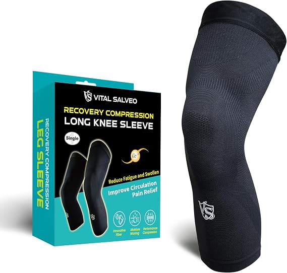 Vital Salveo Long Compression Knee Sleeve,Stiffness, Fatigue Relief, Circulation, Germanium Recovery for Women and Men, 3D Knit Breathable for Basketball, Sports, and Daily Wear (1 PC) S