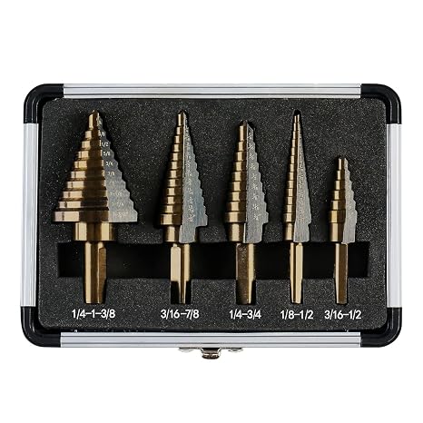 Step Drill Bits, 5PCS HSS Titanium Step Drill Bit Set, 50 Sizes High Speed Steel Step Bits for with Aluminum Case
