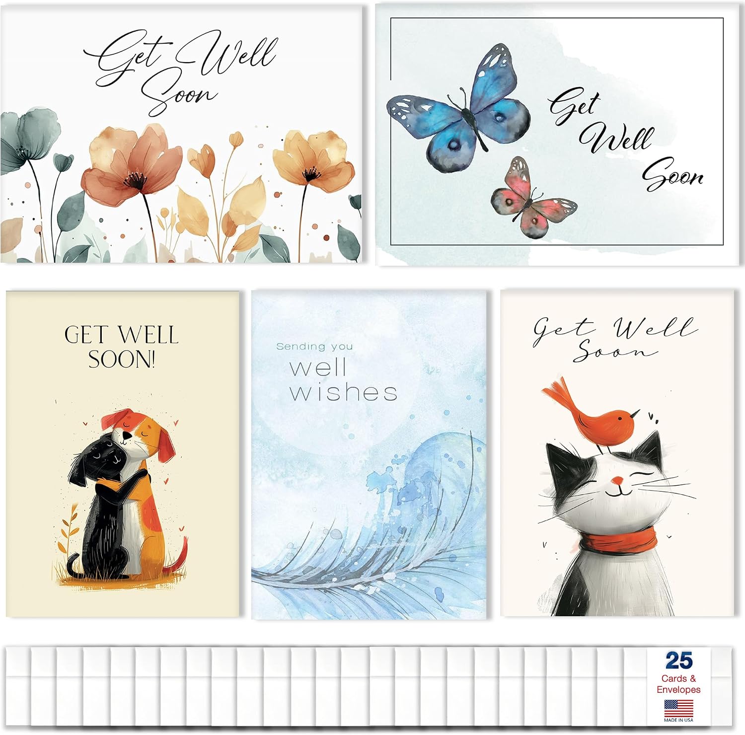 Get Well Soon Cards Bulk Pack with Envelopes 25 Variety Assortment – 5 Designs 5x7 Inch Elegantly Designed Business Recovery Messages for Team Members, Employees, Coworkers & Office VP2414