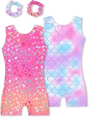 Gymnastics Leotards for Girls 2 Pack Sparkly Kids Biketards Dance Unitards Matching Hair Scrunchies