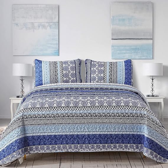WONGS BEDDING Boho Quilt Set Full, 3 Pcs Blue Striped Bedspread