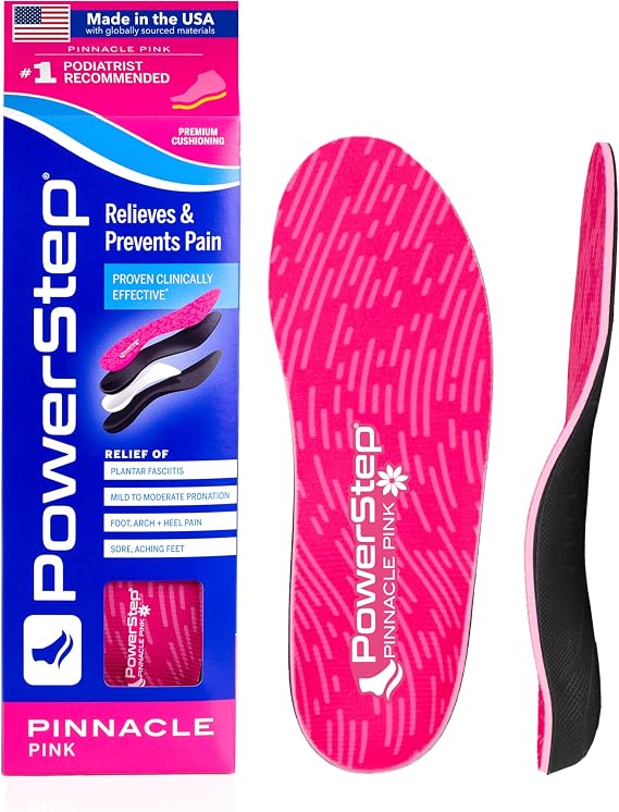 PowerStep Pinnacle Pink Orthotics for Women, Arch Support Inserts, Plantar Fasciitis Relief, Made in USA, Shoe Inserts, Maximum Cushioning, Deep Heel Cup for Pronation (W 10-10.5, M 8-8.5)