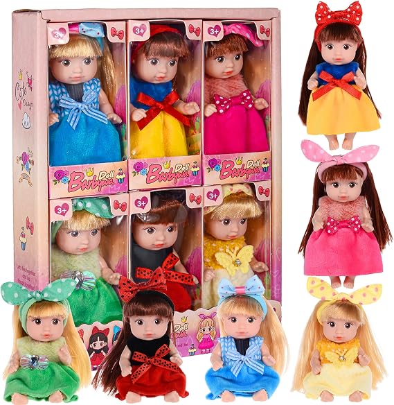 dollbie 6 Pack 4 Inch Mini Fashion Doll Collection - 6 Unique Stylable Hair Dolls with Rotatable Limbs & Cute Outfits | Collectible Toy Gift for Kids