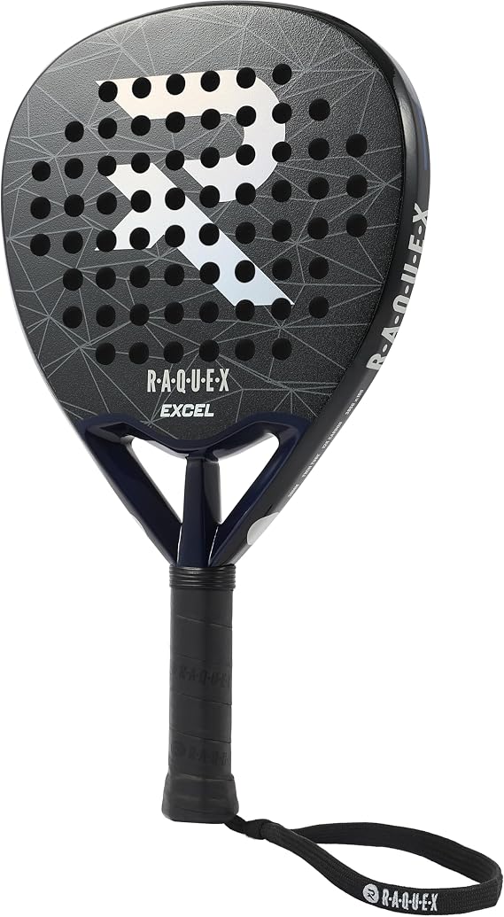 Raquex Excel Padel Racket - Black or White - 12K Carbon Frame, British Design, Reactive ImpactCore EVA 15 Foam, Tear Drop Shape, Twin Tube System for Durability - with Wrist Strap
