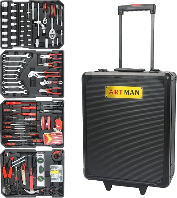 Tool Cabinet (with Tool Set),Hand Tool Box with 4 Layers of Toolset and Wheels