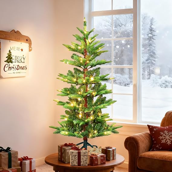 4FT Prelit Artificial Christmas Tree,Sparse Aspen Fir Christmas Tree with 100 Warm White Lights & 298 Branch Tips, PE & PVC Pre Lit Hinged Xmas Trees with Metal Base for Party, Holiday Decoration