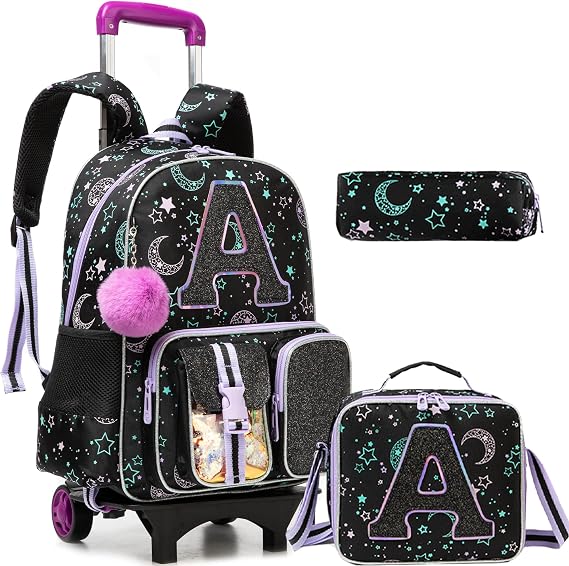 HTgroce Kid's Rolling Backpack School Bags for Girls College Student Travel Trip Travel School Children, Toddler Backpack with Wheels Laptop Luggage with Lunch Box, Pencil Case for Boys Girls