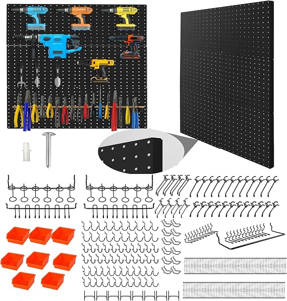 Peg Board,Black 6 Pack Metal Pegboard Panels Pegboards Wall Organizer with 296 PCS Extra Thick Pegboard Hooks for Walls Home, Garage Tool Storage, Workbench, Craft Room, Kitchen