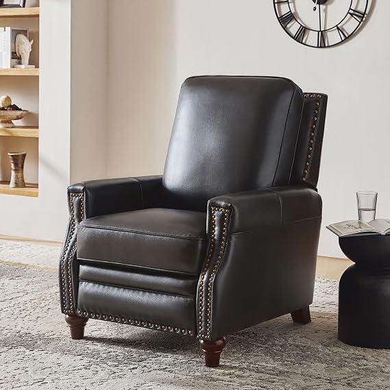 HULALA HOME Genuine Leather Manual Recliner Chair with Adjustable Backrest & Footrest, Mid Century Modern Push Back Recliner with Nailhead Trim & Wood Legs-for Living Room Home Theater, Black