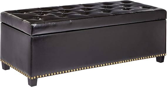 Messina Lift-Top Storage Ottoman Bench with Faux-Leather Upholstery and Nailhead Trim, Jet Black