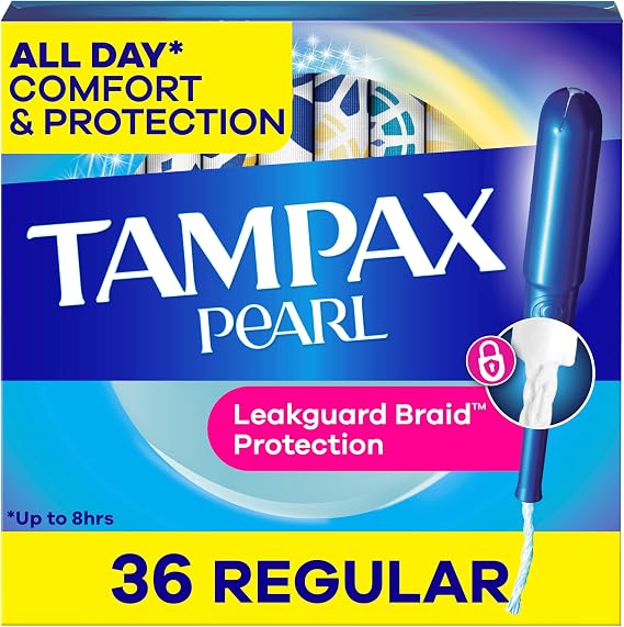 Tampax Pearl Tampons for Women, with LeakGuard Braid, Regular Absorbency, Unscented, 36 Count