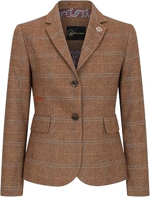 Womens Blazer Wool Blend Tweed Herringbone Checkered Tailored Fit Ladies Country Jacket