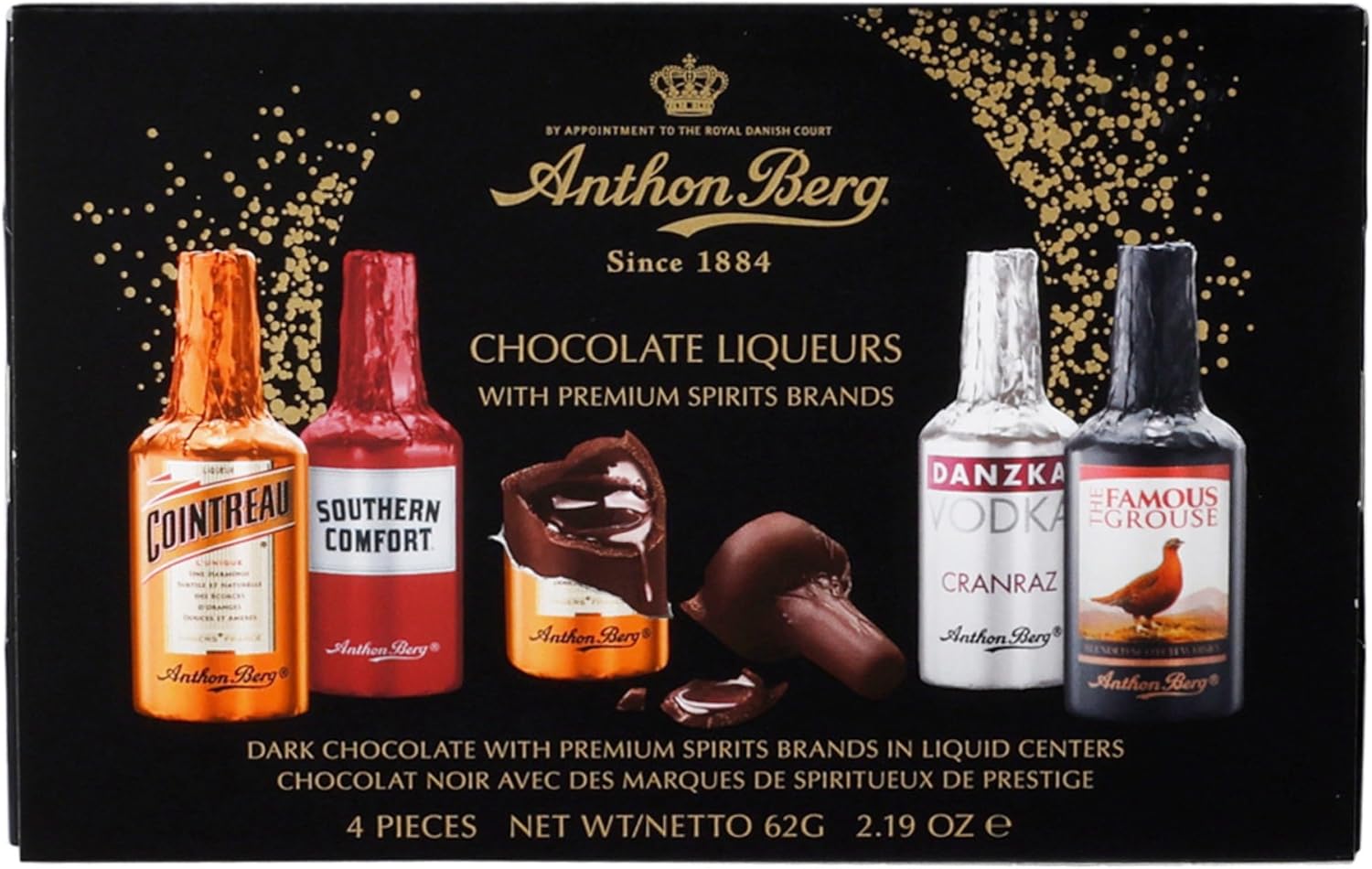 Anthon Berg 4 Chocolate Liqueurs, Famous Spirits with a Delicious Liquid Filling, 62 g Pack of 1