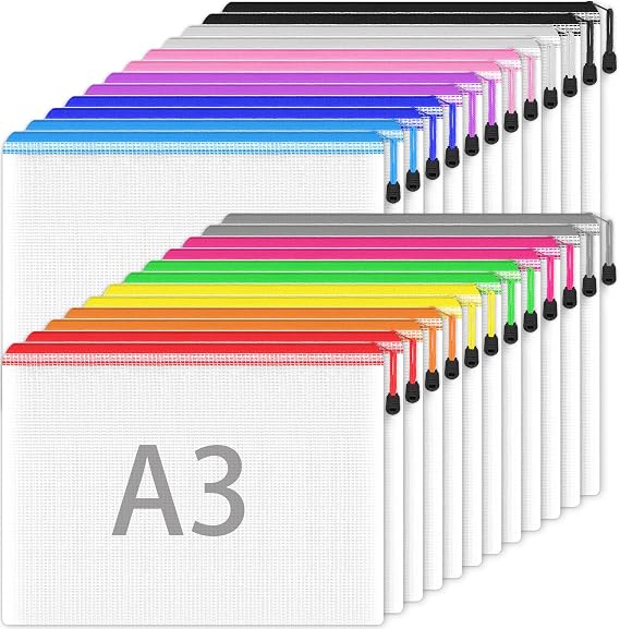 Smarpau A3 Plastic Wallets 24PCS, Coloured Zip Document Wallets for Storage