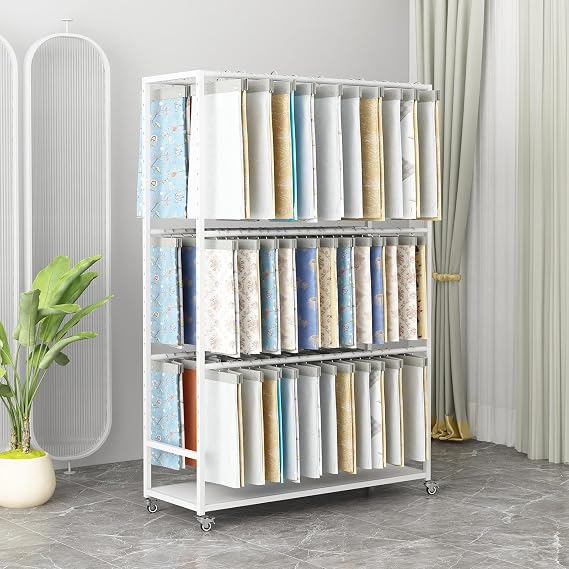 Textile Fabric Roll Storage Rack with Wheels, Commercial Fabric Display Rack, Materials Sample Organizer, with Adjustable Hanging Rod, for Studio & Retail(White,150cm/59in)