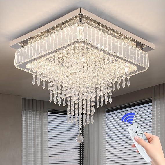 VETRULUS Modern Crystal Ceiling Light Square Flush Mount Chandelier LED Dimmable Lighting Fixture for Kitchen, Bedroom, Living Room
