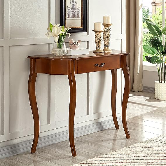Solid Wood Console Table with Drawer, Semi-circle Entryway Table Half-moon Elegant Display Furniture with Cabriole Legs for Living Room, Hallway, Foyer, Corridor, Sofa