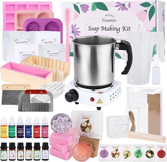 Soap Making Kit for Adults Deluxe 40+ Pcs Melt and Pour Set with Removable Electric Melting Pot, Shea Butter & Clear Soap Base, Essential Oils, Silicone Molds, Dyes & Stamp
