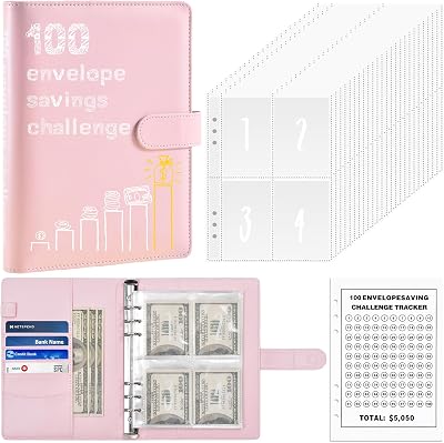 Jahao 100 Envelopes Money Challenge Kit, A5 Pink Savings Book with Cash Envelopes