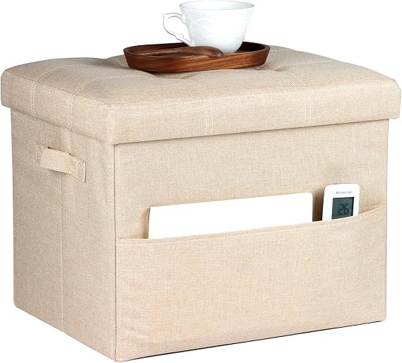 Bsketa Storage Ottoman Bench,17" Folding Linen Foot Rest Stool,Beige