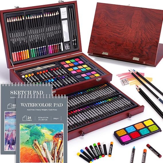 146 Piece Deluxe Art Set with Easel, Wooden Art Box with 2 Drawing Pad, Drawing Kit with Crayon,Oil Pastel,Colored Pencil,Watercolors Cake, Creative Gift Box Art Supplies for Artist Adults Teens Kids