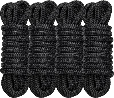 4 Pack 12 x 15 Boat Dock Lines for Boat & Pontoon, Premium Marine- Grade Double Braided Nylon Dock Line, Pre-Spliced with a 12 Eyelet-Black,Boating Gifts for Men
