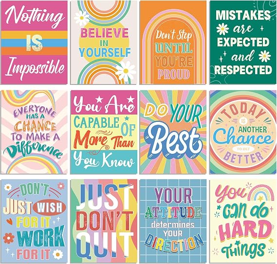 Nezyo 12 Pcs Growth Mindset Posters for Classroom Inspirational Motivational Posters Bulletin Board Wall Art Educational Decor for Elementary Middle School Teacher Supplies