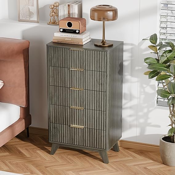 VINGLI Fluted Tall Dresser 5 Drawer, 23.66" W Chest of Drawers Gray Wood Dresser with Rounded Edges, Grey Dressers for Bedroom, 23.66" W*15.6" D*44.88" H