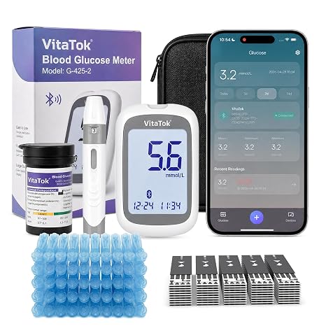 Bluetooth Blood Sugar Monitor Blood Glucose Monitor, G-425-2 Blood Sugar Test Kit with 50 Test Strips & 50 Lancets, No Coding, Large Display, 5s Fast Result, Diabetes Testing Kit for Home Use