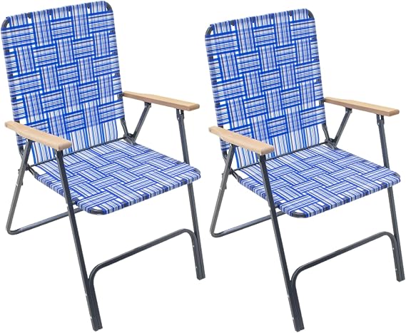 Garden Elements Folding Patio & Lawn Chairs Steel Frame with Blue Woven Fabric and Wooden Armrests, Comfortable Full-Size Outdoor Chairs for Backyard, Camping, or Events (Pack of 2)