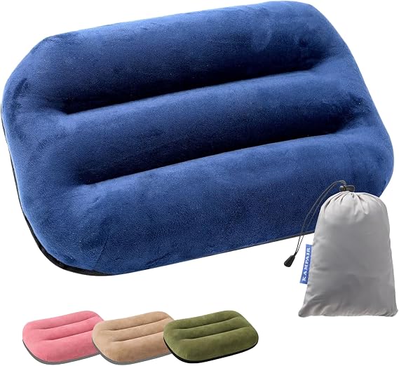 Ultralight Inflatable Camping Travel Pillow for Sleeping - Soft Velvet Cover, Ergonomic Neck Support, Compact & Portable, Machine Washable Air Pillow, Perfect for Hiking, Backpacking Blue