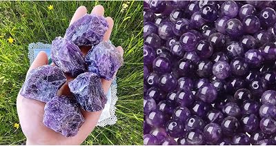 LAIDANLA Amethyst Natural Rough Stones Crystal Large Raw Crystals Bulk 2 4PCS 0.5lb and Amethyst 8mm Natural Stone Beads Round Loose Gemstone Stone Beads 98PCS 2 Strand 32 Reiki Healing Decoration D