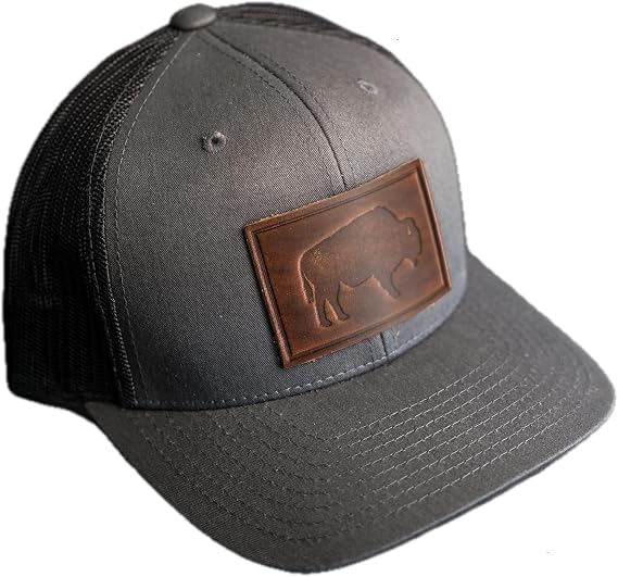 Ox & Pine Bison Stamp Leather Patch Trucker Hat Adjustable Snapback, Structured Mid-Profile Design