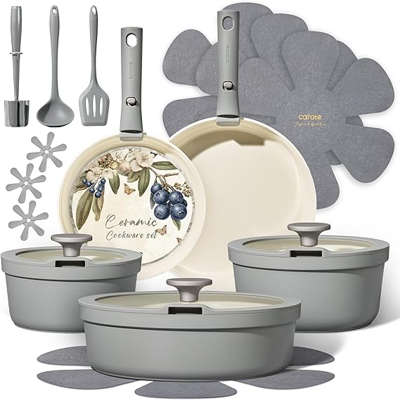 CAROTE 20pcs Ceramic Cookware Sets, Nonstick Pots and Pans Set Non Toxic | Space Saving, Detachable Handle, Dishwasher & Oven Safe, PFAS Free, Kitchen/Apartment/Camping/RV/ Traveling Cooking Sets