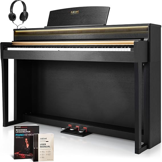 AKLOT Weighted Upright Digital Piano: 88-Key Graded Hammer Action, Ambient Lighting & Sliding Piano Lid, 4 Classic Pianos Tones, Triple Pedal, Dual 25W Stereo Speakers, Headphones & Lesson Book
