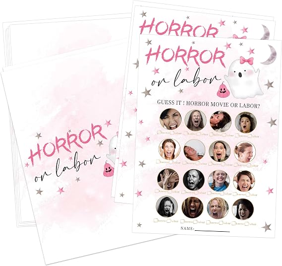 Labor or Horror Halloween Baby Shower Game, 30 Pink Halloween Gender Reveal Games for Guests (Included Answer Card) 5x7 inch, Perfect for Neutral Gender Reveal Decorations Party Favors Supplies
