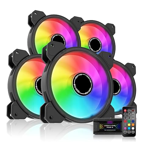 EZDIY-FAB 120mm Computer Case Fan,Motherboard Aura Sync,High Airflow,Speed Adjustable with Fan Hub and Remote-5 Pack