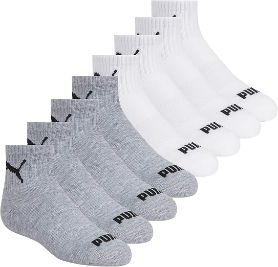 PUMA Boys' 8-pack High Quarter Crew Socks, Everyday Wear, Extra Cushion & Arch Support