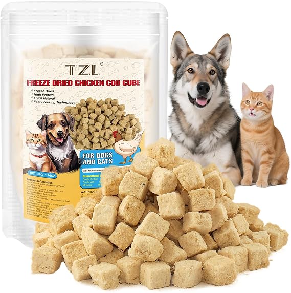 Freeze Dried Chicken Pet Treats, High Protein Pet Food for Dogs Cats, Healthy Limited Ingredient Chicken Cod Fish Cube (50g)