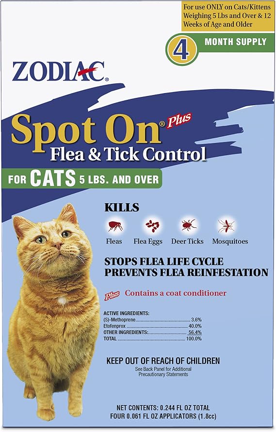 Zodiac Spot On Flea & Tick Prevention for Cats 5 lbs and Over, 4 Pack | Cat flea treatment topical, starts killing fleas in 15 minutes, 1 month protection from deer ticks