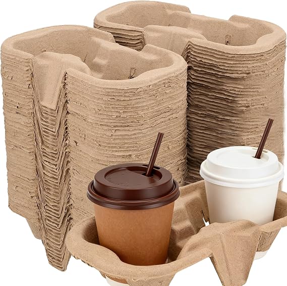 KEILEOHO 2 Cup Carrier Tray 100 Pack Pulp Fiber Drink Carrier, Disposable Cup Holder Tray, to Go Drink Holder, Biodegradable Drink Carrier for Hot or Cold Drink, Coffee Shops, Restaurants, Juice Bars