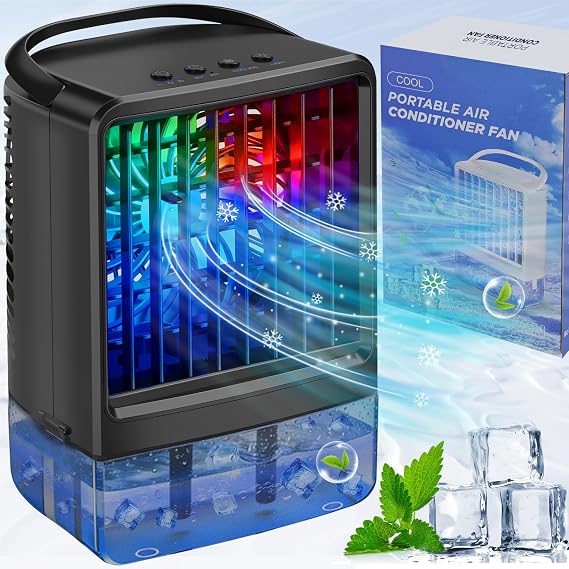 Portable Air Conditioners Fan - Portable AC Small Personal Air Cooler, Quiet Mini Mobile Cooling Fan with Handle,2/4H Timer 3 Speeds, Small AC with 7 Color for Home Bedroom Office Desk Outdoor - Black