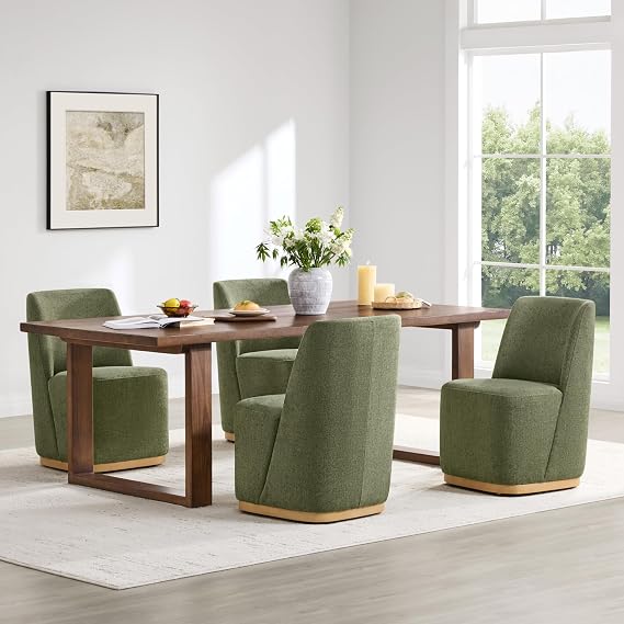 CHITA Upholstered Rolling Dining Chair on Casters Set of 4, Moss Green | FSC Certified Modern Fabric Dining Chair with Casters, Boucle Dining Chairs for Reading Room Kitchen Dining Room
