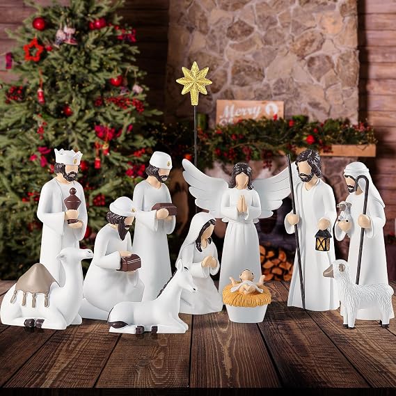 Nativity Sets for Christmas Indoor,12 Pieces 6.5 Inch Elegant Nativity Set for Tabletop Decorations,Christmas Resin Nativity Scene Set Holy Family Statue (White)