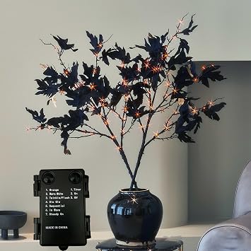 Hairui Lighted Black Maple Branches with Timer 120 LED Orange and Warm White Fairy Lights, Halloween Tree Branches with Lights 32 in with 10 Functions for Home Fall Halloween Decoration